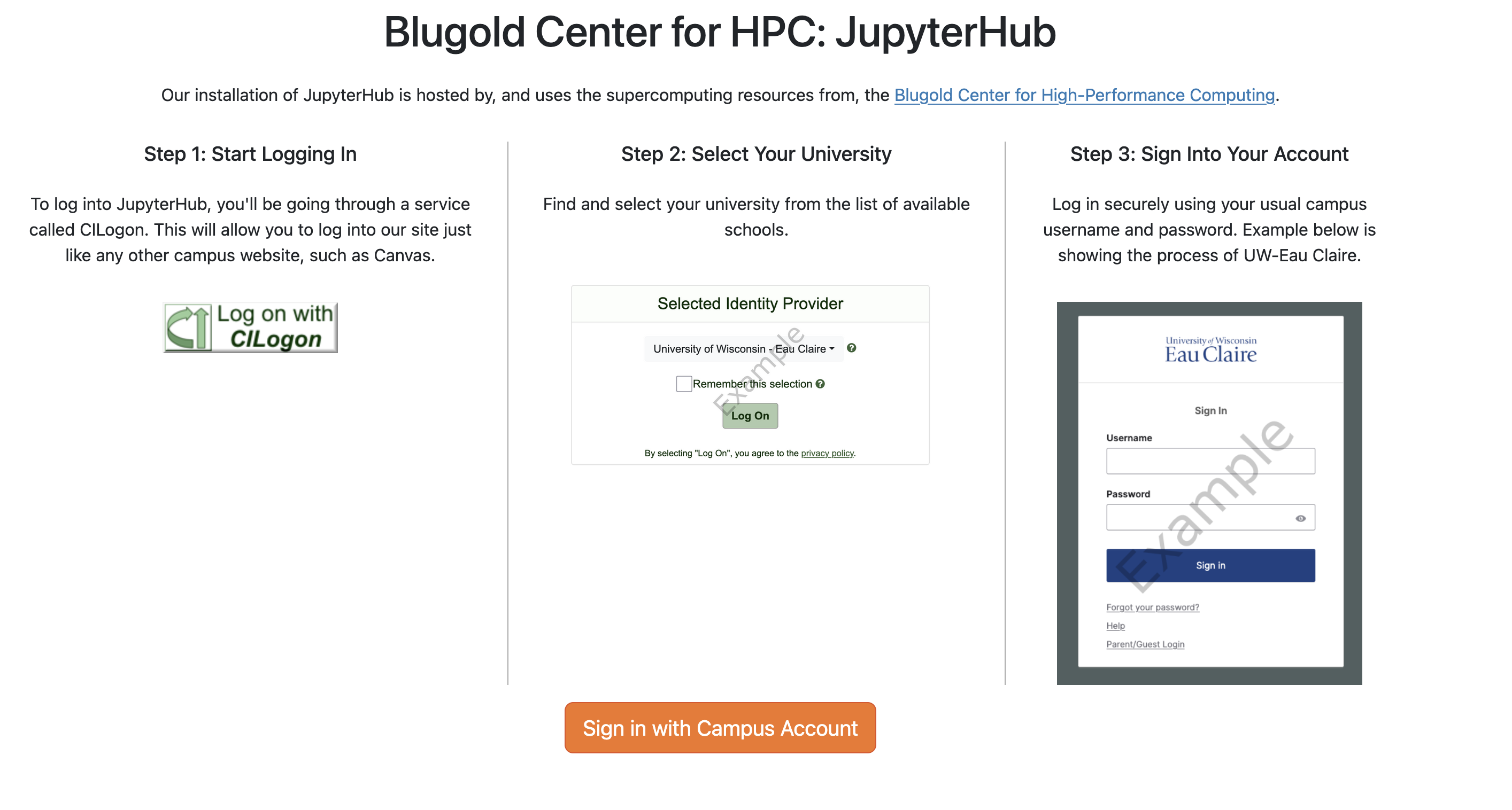 JupyterHub - Login Steps: Log on with CILogon, Select University, Sign Into Account